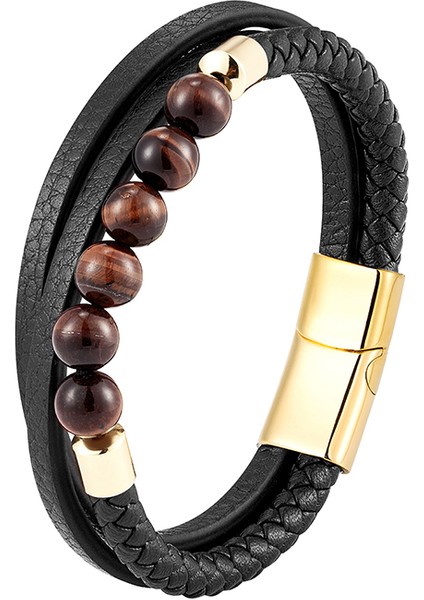 Renk Stili BXGM1045-1 2021 Trendy Cinsiyetsiz Enerji Bilekliği Doğal Volkanik Taş Kaplan Gözü Taşı Akik Taşı Turkuaz Örgü Deri Kordonlu 3 Katmanlı Bilezik (Yurt Dışından)