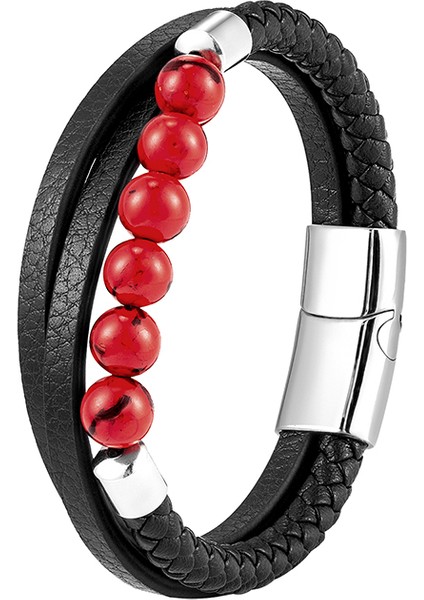 Renk Stili BXGM1045-25 2021 Trendy Cinsiyetsiz Enerji Bilekliği Doğal Volkanik Taş Kaplan Gözü Taşı Akik Taşı Turkuaz Örgü Deri Kordonlu 3 Katmanlı Bilezik (Yurt Dışından)