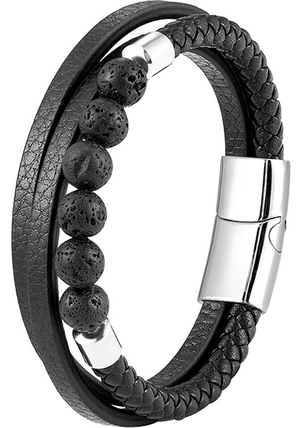 Renk Stili BXGM1045-29 2021 Trendy Cinsiyetsiz Enerji Bilekliği Doğal Volkanik Taş Kaplan Gözü Taşı Akik Taşı Turkuaz Örgü Deri Kordonlu 3 Katmanlı Bilezik (Yurt Dışından)