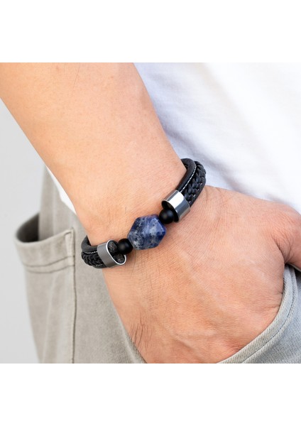 Mavi Stil BXXGM-1078001 Moda Rombo Doğal Mavi Taş Yarı Değerli Taş Erkek Bilekliği 316L Paslanmaz Çelik Deri Kordon Takı Bileklik (Yurt Dışından)