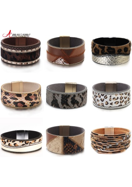E560264P-003 Amorcome Deri Leopar Desen Yılan Derisi Sarma Bilezikler Kadınlar Için Hediye Takılar Bohemia Manyetik Toka Bilezik Bayan Bileklik (Yurt Dışından)