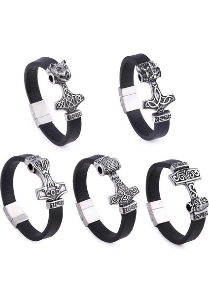 Mor Norse Viking Rune Düğüm Kolye Bilezik Thor Mjolnir Çekiç Rune Iskandinav Bilezikler Deri Ipi ile Erkekler Için Cool Takı (Yurt Dışından)
