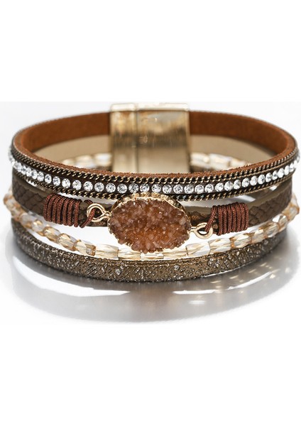 Kahverengi Tüm Evet Taş Şans Deri Bilezikler Kadınlar Moda Kristal Bayanlar Boho Çok Katmanlı Geniş Sarma Bilezik Kadın Takı (Yurt Dışından)