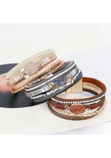 Kahverengi Tüm Evet Taş Şans Deri Bilezikler Kadınlar Moda Kristal Bayanlar Boho Çok Katmanlı Geniş Sarma Bilezik Kadın Takı (Yurt Dışından) indirimleri