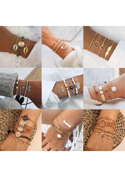 BX325 31 Stil Boho Karışık Altın Nabız Ay Yapraklar Alfabe Kaplumbağa Kanatlar Yusufçuk Kabuk Kristal Bilezik Seti Bileklik Aksesuarları (Yurt Dışından)