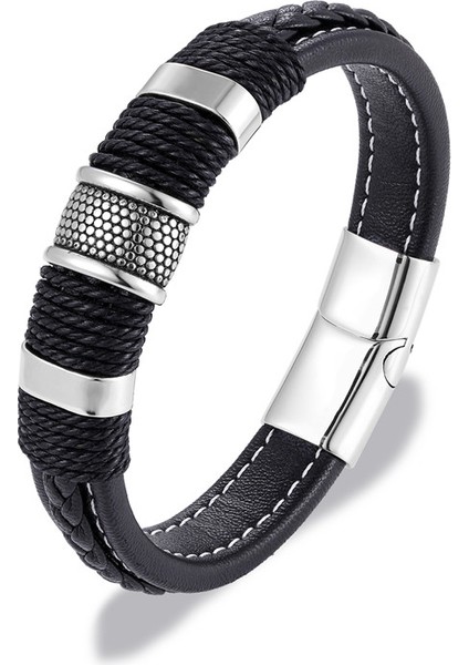 23CM Tarzı Altın Kahve Moda Siyah Kahverengi Örgü Ipi Gerçek Deri Bilezik Paslanmaz Çelik Sarma Şans Bileziği Erkek Kadın Punk Lüks Takı Homme (Yurt Dışından)