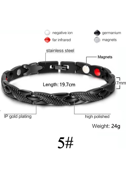 No.5 Boyutu Kadın Erkek Manyetik Sağlık Bilekliği Siyah Titanyum Çelik Güç Terapi Mıknatıslar Negatif Iyonlar Germanium Bilezikler (Yurt Dışından)