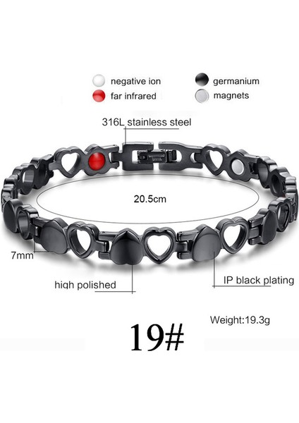 No.19 Boyutu Kadın Erkek Manyetik Sağlık Bilekliği Siyah Titanyum Çelik Güç Terapi Mıknatıslar Negatif Iyonlar Germanium Bilezikler (Yurt Dışından)