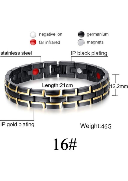 No.16 Boyutu Kadın Erkek Manyetik Sağlık Bilekliği Siyah Titanyum Çelik Güç Terapi Mıknatıslar Negatif Iyonlar Germanium Bilezikler (Yurt Dışından)