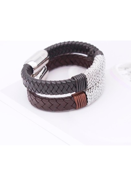 No.2 Boyutu Moda Özel Paslanmaz Çelik Siyah Metal Kolye Erkek El Yapımı Örgülü Gerçek Deri Erkek Arkadaş Bilekliği Manyetik Toka ile (Yurt Dışından)