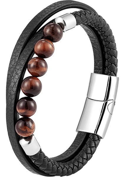 Renk Stili BXGM1045-2 2021 Trendy Cinsiyetsiz Enerji Bilekliği Doğal Volkanik Taş Kaplan Gözü Taşı Akik Taşı Turkuaz Örgü Deri Kordonlu 3 Katmanlı Bilezik (Yurt Dışından)