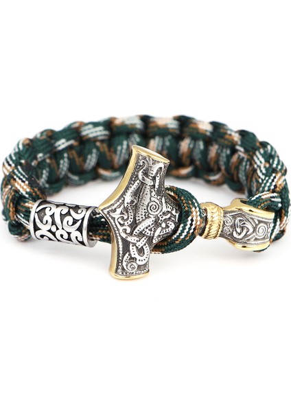 21CM Tarzı Altın Yeşili Norse Vikingler Paslanmaz Çelik Bilezik Erkekler Thor Mjolnir Çekiç Kolye Halat Sarma Bilezik Kadınlar Amulet El Yapımı Takı Hediye (Yurt Dışından)