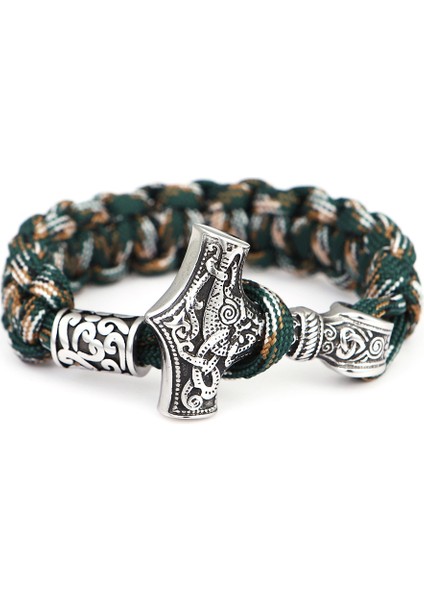 23CM Tarzı Çelik Yeşil Norse Vikingler Paslanmaz Çelik Bilezik Erkekler Thor Mjolnir Çekiç Kolye Halat Sarma Bilezik Kadınlar Amulet El Yapımı Takı Hediye (Yurt Dışından)