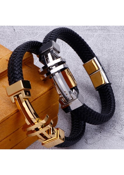 21CM Tarzı Altın Rengi 2 Erkekler Için 11MM Örgülü Hakiki Deri Bileklik Altın Paslanmaz Çelik Erkek Şans Bilezikleri El Yapımı Erkek Takı Bileklik El Bandı (Yurt Dışından)
