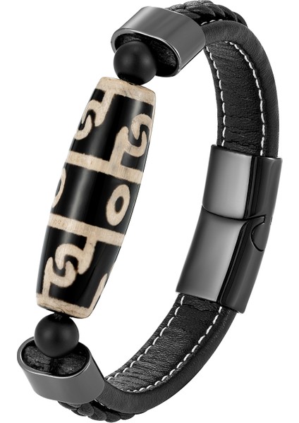 Siyah Stil BXGM-1089001 Yeni 3 Göz Dzi Boncuk Doğal Akik Bereket Iyi Şans Takı Retro Bileklik 316L Paslanmaz Çelik Deri Kordon Erkek Bileklik (Yurt Dışından)