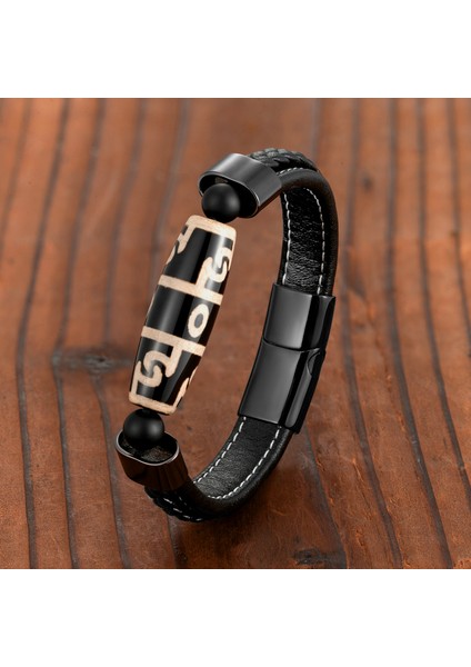 Siyah Stil BXGM-1089001 Yeni 3 Göz Dzi Boncuk Doğal Akik Bereket Iyi Şans Takı Retro Bileklik 316L Paslanmaz Çelik Deri Kordon Erkek Bileklik (Yurt Dışından) fiyatları