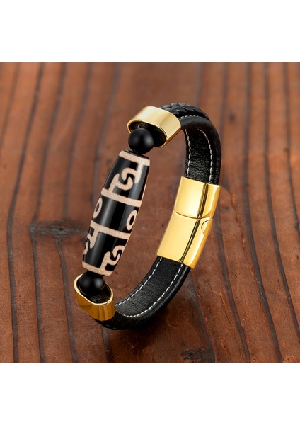 Siyah Stil BXGM-1089001 Yeni 3 Göz Dzi Boncuk Doğal Akik Bereket Iyi Şans Takı Retro Bileklik 316L Paslanmaz Çelik Deri Kordon Erkek Bileklik (Yurt Dışından) modelleri