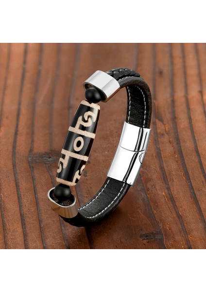 Siyah Stil BXGM-1089001 Yeni 3 Göz Dzi Boncuk Doğal Akik Bereket Iyi Şans Takı Retro Bileklik 316L Paslanmaz Çelik Deri Kordon Erkek Bileklik (Yurt Dışından) fırsatları