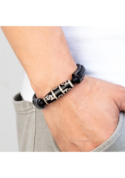 Siyah Stil BXGM-1089001 Yeni 3 Göz Dzi Boncuk Doğal Akik Bereket Iyi Şans Takı Retro Bileklik 316L Paslanmaz Çelik Deri Kordon Erkek Bileklik (Yurt Dışından) indirimleri