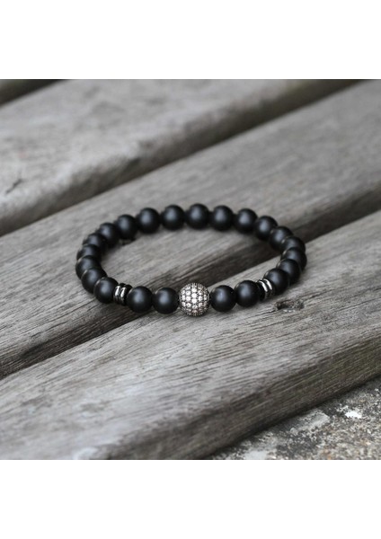 L200MM Stili A Erkek Elastik Bilezik Siyah 8mm Kum Boncuk Mikroinlaid Zirkon Siyah Beyaz Kübik Zirkon Bilezik (Yurt Dışından)