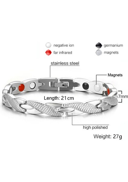 No.5 Boyutu Kadınlar Için Ayarlanabilir Zincir Bilezikler 4’ü 1 Arada Germanium Güç Enerjili Manyetik Paslanmaz Çelik Bilezik (Yurt Dışından)