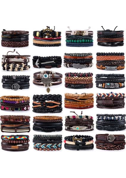 Ayarlanabilir Stil A6 Erkekler Için Vintage Çapa, Yaprak, Baykuş Bilezikler Moda Siyah Deri Bileklik ve Bilezikler Çok Katmanlı Geniş Sarma Takı (Yurt Dışından)