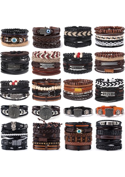 Ayarlanabilir Stil A27 40 Stiller Vintage Yaprak Tüy Katmanlı Ahşap Deri Bilezik Erkek Moda Örme El Yapımı Yıldız Ip Sarma Bilezikler ve Bilezikler (Yurt Dışından)