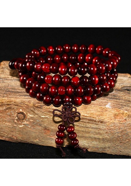 Koyu Kırmızı Kadın Erkek Için 108 Boncuklu Sandal Ağacı Budist Buddha Meditasyon Ahşap Tesbih Bileklik (Yurt Dışından)