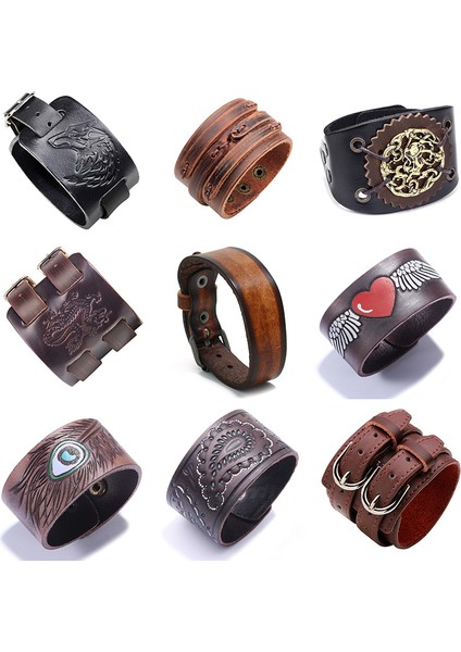 No.8 Boyutu Yeni Siyah Kahverengi Vintage Gerçek Deri Kolluklar Geniş Deri Bilezik Kadınlar Erkekler Bileklik Etunk Şanslı Takı (Yurt Dışından) fiyatları