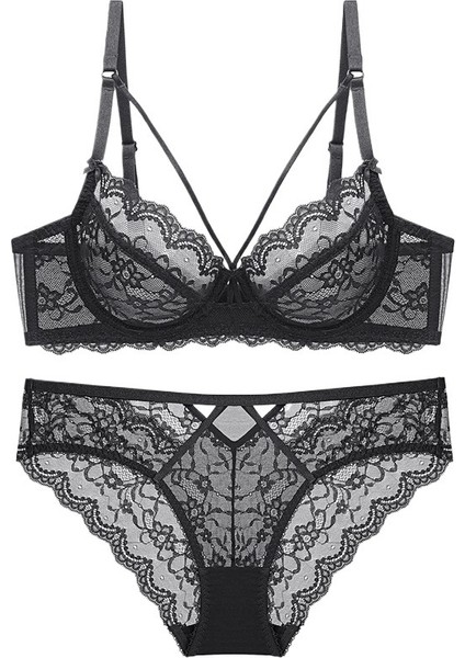 Büyük Boy Siyah Dantel Ultra Ince Süngersiz Şeffaf Sütyen Sütyen Kadın Iç Çamaşırı Büyük Göğüs Küçük Sütyen Takımı (Yurt Dışından)