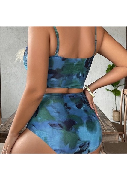 Büyük Boy Çıkarılabilir Omuz Askılı Mavi Mürekkep Boyama Batik Bikini Mayo Üç Parçalı Set (Yurt Dışından) fiyatları