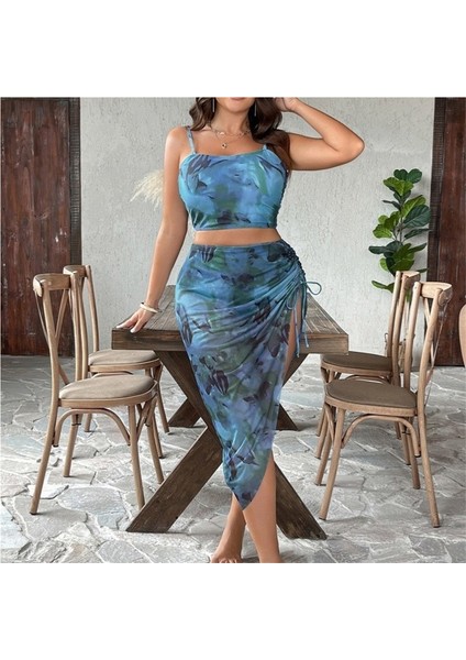 Büyük Boy Çıkarılabilir Omuz Askılı Mavi Mürekkep Boyama Batik Bikini Mayo Üç Parçalı Set (Yurt Dışından) modelleri