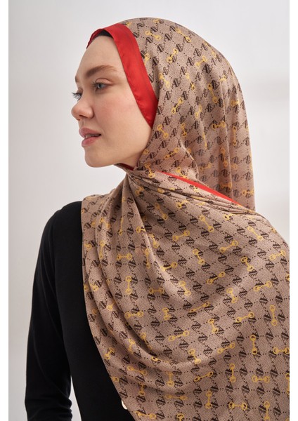 Bej-Kırmızı Aa Monogram Desen Vual Şal