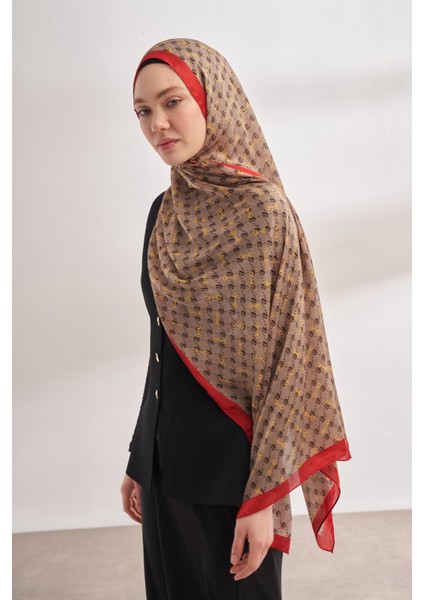 Bej-Kırmızı Aa Monogram Desen Vual Şal