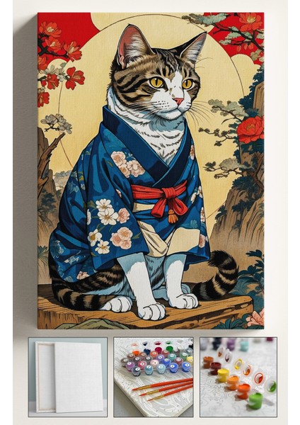 Sayılarla Boyama Çerçeveli Hobi Seti Numaralı Tuval Fırça Boya Dahil Kasnaklı 40X50 cm Japon Kedi