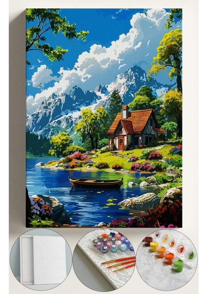 Sayılarla Boyama Çerçeveli Hobi Seti Numaralı Tuval Fırça Boya Dahil Kasnaklı 40X50 cm Güzel Manzara