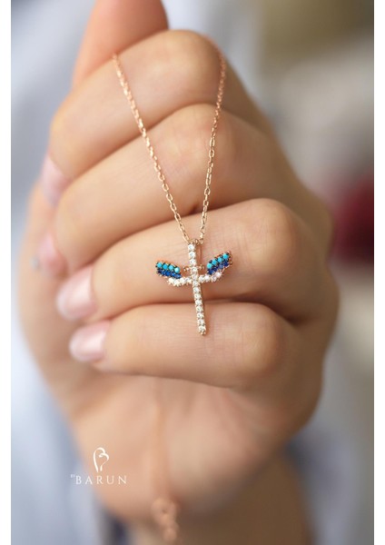 Mikail Meleği Renkli Mavi Beyaz Siyah Taşlı 925 Ayar Gümüş Kolye indirimleri