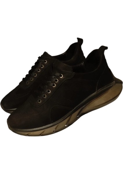 Nubuk Deri Siyah Erkek Ayakkabı Bağcıklı Air Balon Taban Ortopedik Spor Ayakkabı Sneakers Premium