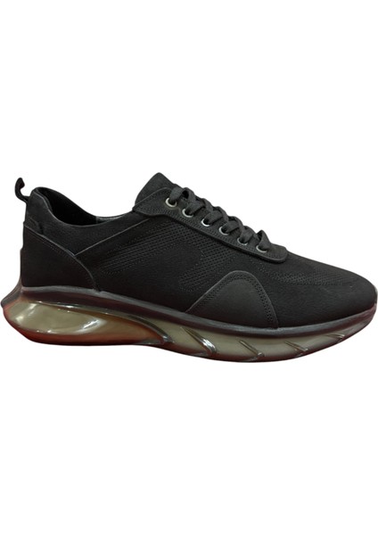 Nubuk Deri Siyah Erkek Ayakkabı Bağcıklı Air Balon Taban Ortopedik Spor Ayakkabı Sneakers Premium