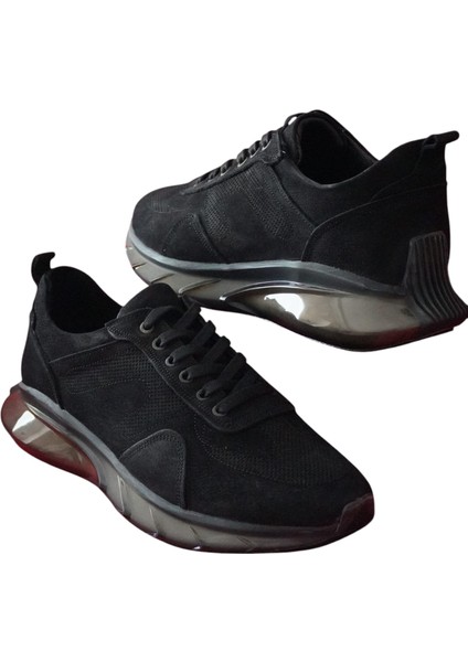 Nubuk Deri Siyah Erkek Ayakkabı Bağcıklı Air Balon Taban Ortopedik Spor Ayakkabı Sneakers Premium