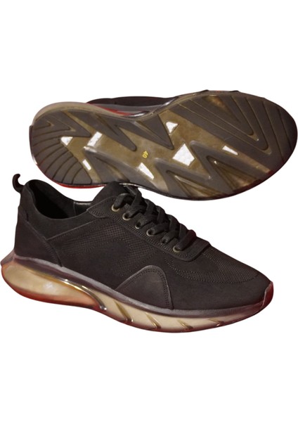 Nubuk Deri Siyah Erkek Ayakkabı Bağcıklı Air Balon Taban Ortopedik Spor Ayakkabı Sneakers Premium