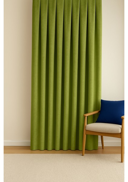 Barcelona Kadife Dokulu Fon Perde Yaprak Yeşili (Pilesiz)