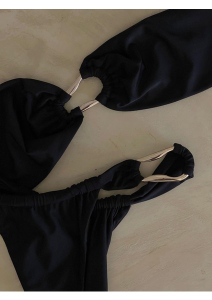 Straplez Gold Metal Detaylı Siyah Bikini Takım modelleri