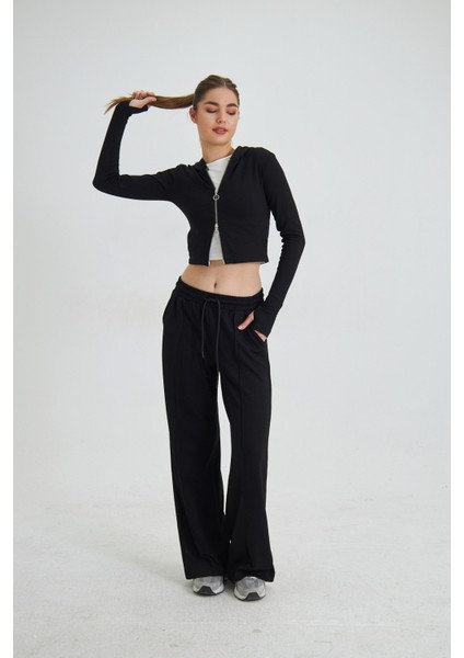 Fermuarlı Kapüşonlu Sweatshirt ve Geniş Paça Özel Dikim Pantolon Modal Kumaş