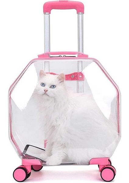 Hexa Şeffaf Çekçekli Kedi Köpek Taşıma Valizi 45X28X48 cm Pembe