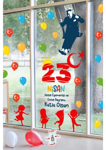 23 Nisan Temalı Bayraklı Çift Taraflı Baskılı Sticker Seti, Atatürk ve Çocuk Cam Sticker