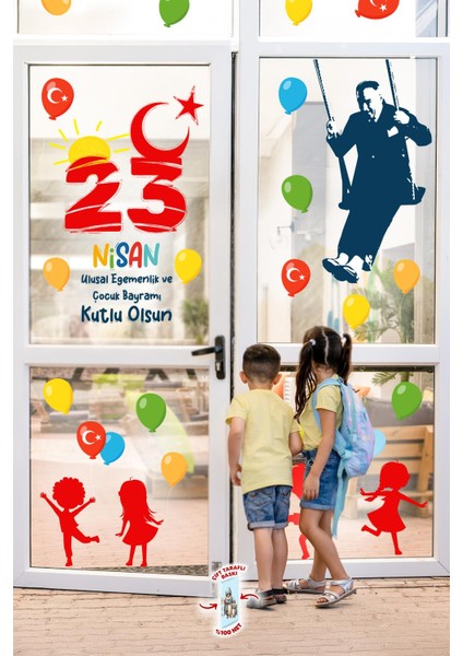 23 Nisan Temalı Bayraklı Çift Taraflı Baskılı Sticker Seti, Atatürk ve Çocuk Cam Sticker fiyatları