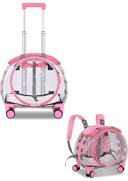 Disc Şeffaf Çekçekli Kedi Köpek Taşıma Valizi 43X25X40 cm Pembe