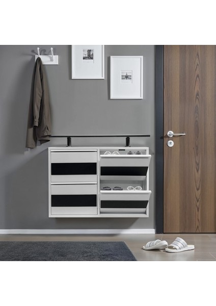 Dörtlü Tablalı Metal Ayakkabılık Beyaz Mdf Antrasit