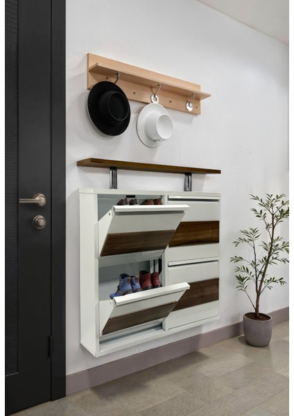 Dörtlü Tablalı Metal Ayakkabılık Beyaz Mdf Natural Ceviz